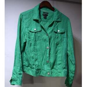 Jones New York Green 100% Linen Trucker Jacket Button Front Womens Large